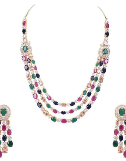 American Diamond Fashion Jewellery Red Green Blue White Multi Layer Necklace Set with Earring for Women/Girls