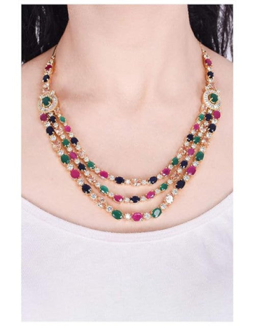 American Diamond Fashion Jewellery Red Green Blue White Multi Layer Necklace Set with Earring for Women/Girls