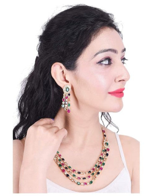 American Diamond Fashion Jewellery Red Green Blue White Multi Layer Necklace Set with Earring for Women/Girls