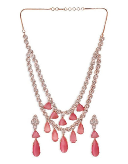 Floral Pink Drop Stoned Layered Rose gold Plated Necklace and Drop earrings Jewellery Set