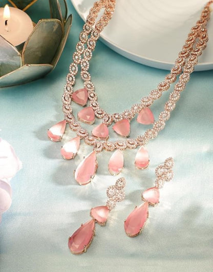 Floral Pink Drop Stoned Layered Rose gold Plated Necklace and Drop earrings Jewellery Set