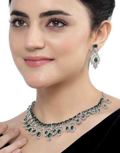 Rhodium-Plated American Diamond Studded Oval & Teardrop Shaped Necklace With Earrings Jewellery Set For Girls and Women