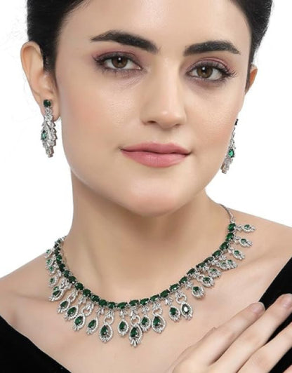 Rhodium-Plated American Diamond Studded Oval & Teardrop Shaped Necklace With Earrings Jewellery Set For Girls and Women