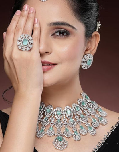 Rhodium-Plated American Diamond Studded Tasselled Necklace With Earrings Ring & MaangTikka Jewellery Set For Girls and Women