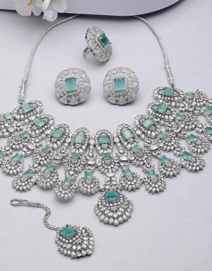 Rhodium-Plated American Diamond Studded Tasselled Necklace With Earrings Ring & MaangTikka Jewellery Set For Girls and Women