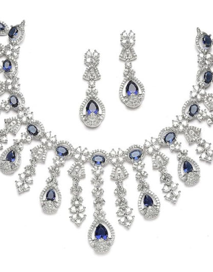 Rhodium-Plated American Diamond Studded Teardrop Tasselled Necklace With Earrings Jewellery Set For Girls and Women