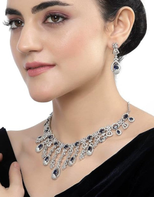 Rhodium-Plated American Diamond Studded Teardrop Tasselled Necklace With Earrings Jewellery Set For Girls and Women