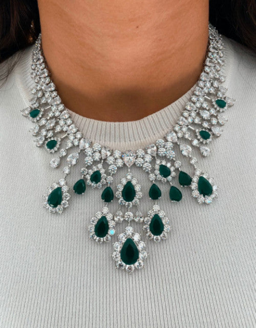 Rose Diamond Emerald Drops Necklace Set (Necklace & Earrings)