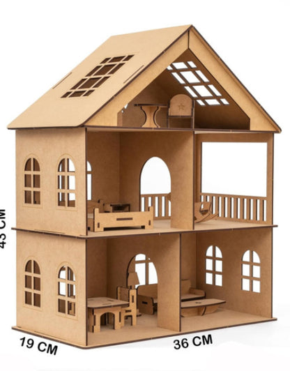 Wooden Toy House with Furniture for Kids (Free Paint Set)